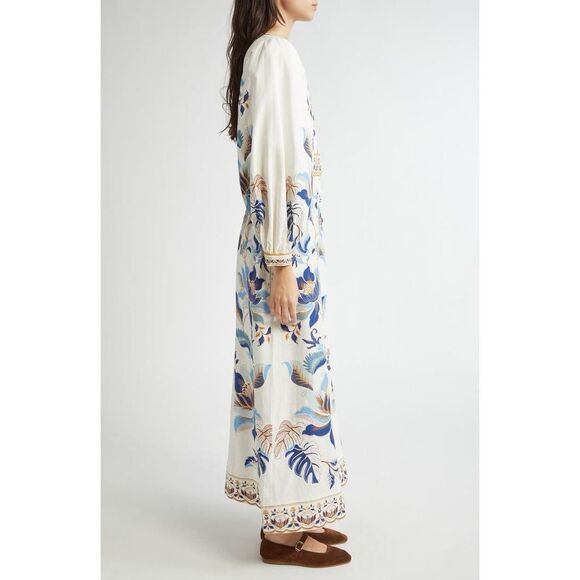 FARM Rio Women's White Blue Mystic Lotus Print Linen Blend Maxi Dress Small NWOT - Picture 4 of 16